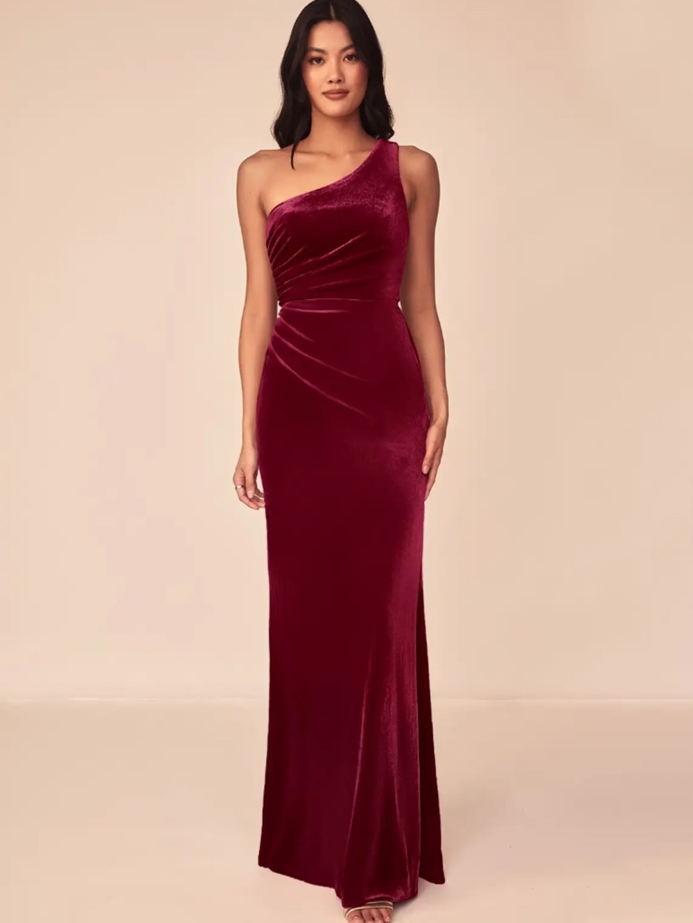 Azazie Burgundy Velvet One-Shoulder Gown